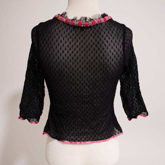 Betsey Johnson Vintage Y2K Swiss Dot Floral Applique Mesh Cropped Cardigan SZ M - Picture 4 of 5